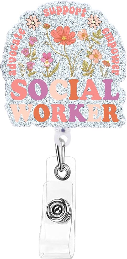 Social Worker Badge Reel, Cute Floral ID Badge Holder SW Work Appreciation Gift, Retractable Acrylic Badge with Alligator Clip Gift for Work Retirement Graduation