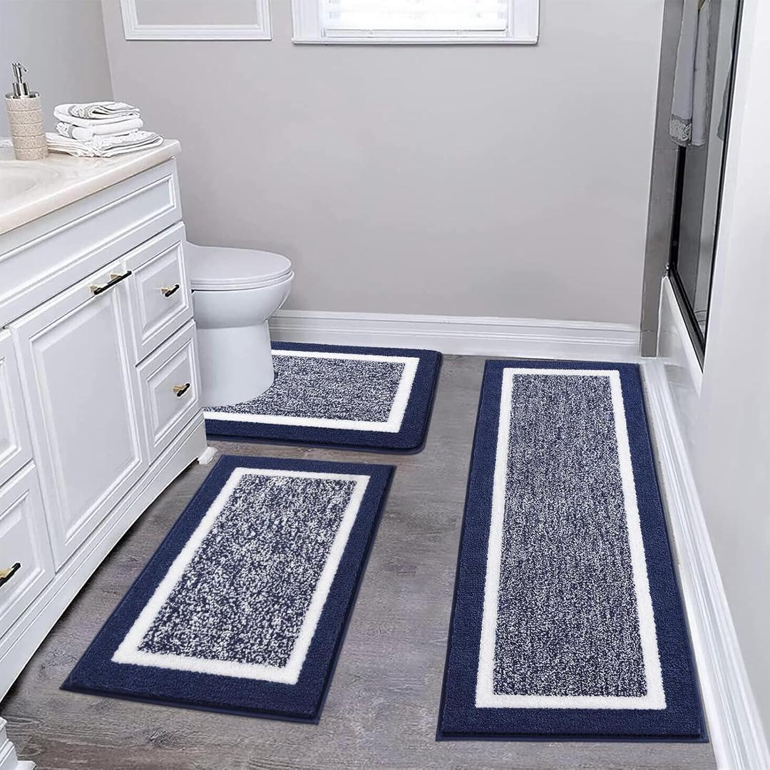 Pauwer 3 Piece Bath Mat Set, Non-Slip Plush Rugs, Absorbent Shaggy Set With U-Shaped Contour Toilet Mat for Bathroom, Bedroom, Living Room, Navy (18"x26"+18"x48"+U Shape 20"x24", Navy)