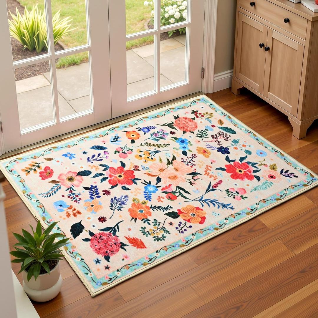 Terrug Floral Entryway Rug, 2x3 Beige Rug Boho Washable Kitchen Throw Rugs, Soft Low Pile Cute Small Rugs, Non-Slip Stain Resistant Vintage Carpet for Entryway Bedroom Kitchen Bathroom Laundry