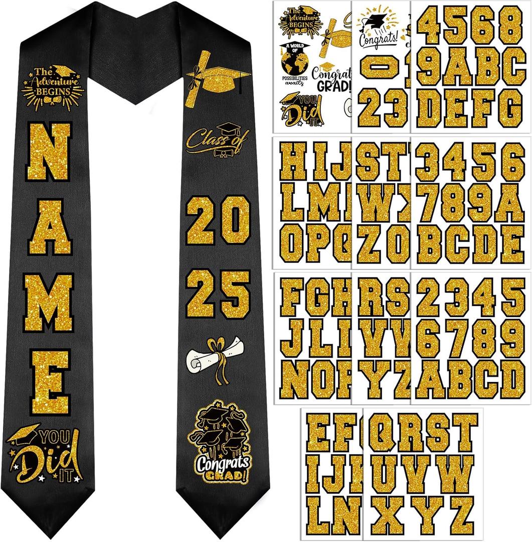 Glenmal 11 Sheets 2026 Graduation Iron on Stickers with a to Z Letter 0 to 9 Number Pattern Transfer Letters Patches Iron on Decals for Graduation Stole Cap Cloth T Shirt Pillow(Black Gold)