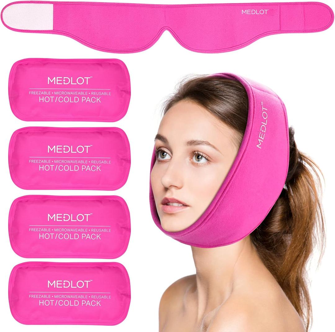 LotFancy Face Ice Pack Wrap with 4 Reusable Hot Cold Therapy Gel Packs, Pain Relief for TMJ, Wisdom Teeth, TMD, Oral and Facial Surgery, Dental Implants, Pink (one Size Fits Most)
