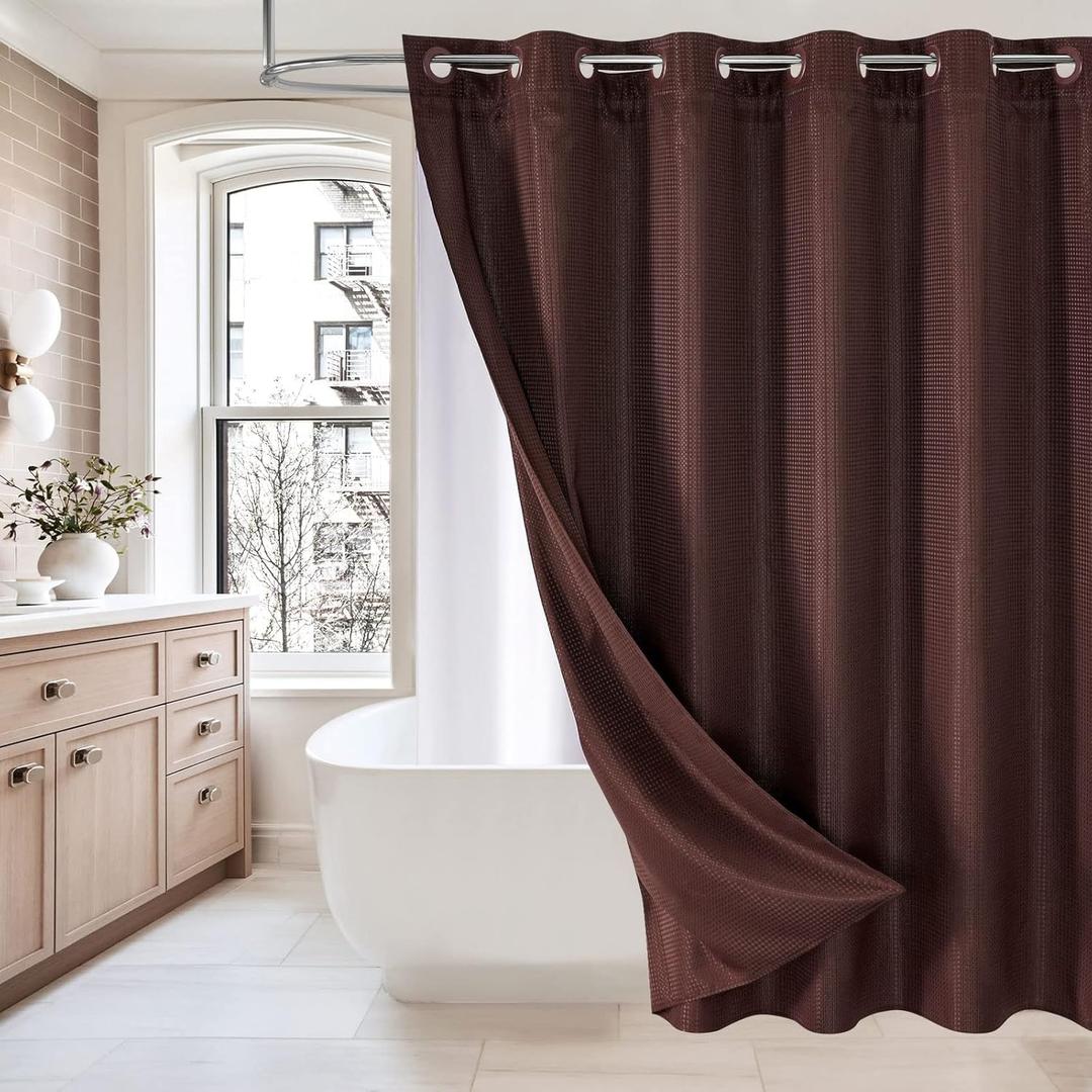 MitoVilla No Hooks Need Brown Waffle Shower Curtain with Snap-in Liner, Modern Waffle Weave Fabric Shower Curtains for Luxury Hotel Grade Spa-Like Bathroom Decor, Dark Brown, 72 x 74