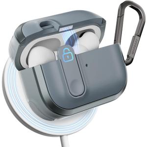 MAGEASY Odyssey AirPods Pro 2 Case Cover Rugged with Secure Lock, Carabiner Clip for Drop Protection, Wireless Charging Compatible Apple AirPod 1st 2nd Generation (Metal Blue Gray)