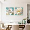 Flower Wall Decor Peony Canvas Wall Art Turquoise and White Magnolia Painting Framed Nature Botanical Floral Artwork for Bedroom Living Room Office 24"x24"x2pcs