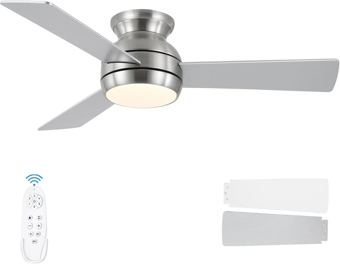 42 Inch Ceiling Fans with Lights and Remote, Brushed Nickel Low Profile Ceiling Fan with Light, Flush Mount, Reversible, 6 Speeds, 3CCT Dimmable, Bedroom Indoor/Covered Patios Use