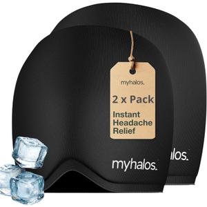 MyHalos Migraine Relief Cap, 30% Thicker, 2X More Cooling Gel, Stays Colder for Longer, Form Fitting Ice Hat, Ice Pack Head Wrap Relief, Tension Headache Relief Cap (Black - Pack of 2)