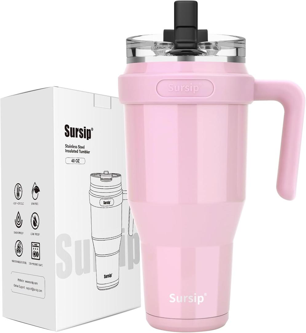 Sursip 40oz Insulated Tumbler with Handle and Flip Straw,Stainless Steel Travel Mug 2 in 1 Straw Lid-Leak Proof Keeps Drinks Cold for 24 Hours-Sweat Proof,Fit in Cup Holder-Pink
