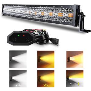 ASLONG 32 Inch 180W Curved LED Light Bar White/Amber Flasing Strobe with Six Modes Spot Flood Combo Offroad Driving Light, 1pcs Wiring Harness Switch for Pickup Offroad Truck 4WD SUV ATV UTV