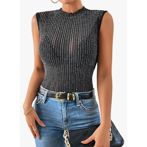 SOLY HUX Women's Sparkly Mock Neck Tank Top Sleeveless Lettuce Trim Elegant Party Tops L