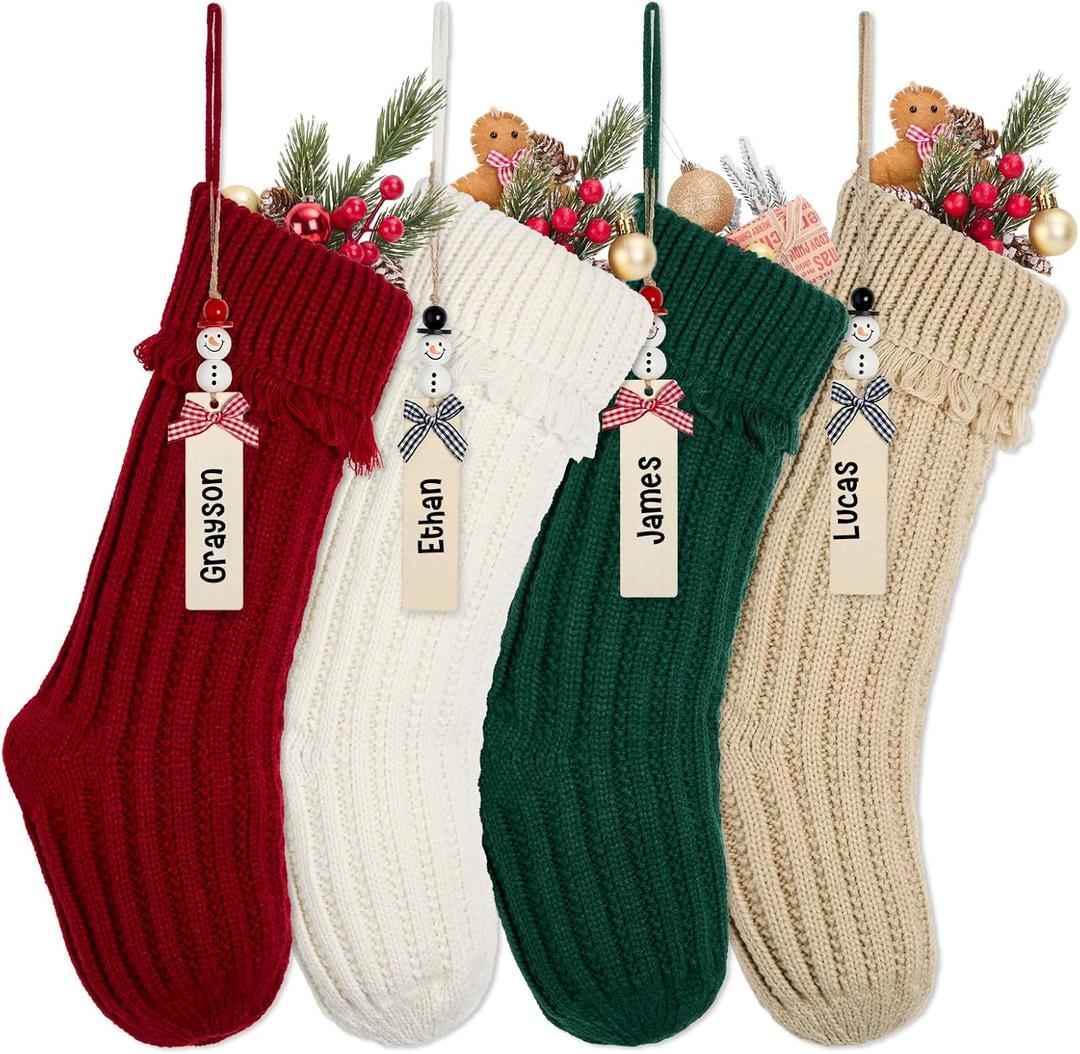 Personalized Christmas Stockings with Wooden Name Tags, 4 Pack 18 Inches Large Size Knitted Xmas Hanging Stocking for Fireplace, Family Holiday Party Decorations (Style2)