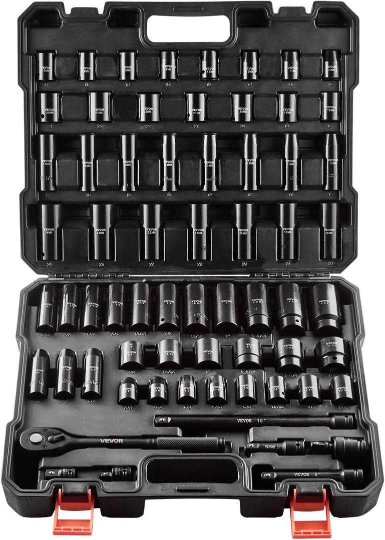 VEVOR 1/2" Drive Impact Socket Set, 65 Piece Socket Set SAE 3/8" to 1-1/4" and Metric 10-24mm, 6 Point Cr-V Alloy Steel for Auto Repair, Rugged Construction, Easy-to-Read Size Markings, Storage Case