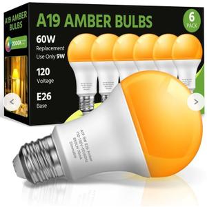 LEDERA LED Amber Light Bulbs, A19 9W(60W Equivalent) 2000K Amber Yellow LED Bulbs, E26 Base for Bedroom, Porch, Baby Nursery Room, Yard, Patio Lighting, Non-Dimmable, 6 Packs, 120VA1907W9E26