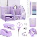 Purple Office Desk Accessories Supplies, 12pcs Desk Organizers and Accessories with Tape dispenser and Stapler, Staples, Staple Remover, Pen Holder, Scissor, Ruler, Sticky Tabs, Tape, Ballpoint Pen, Clips Set