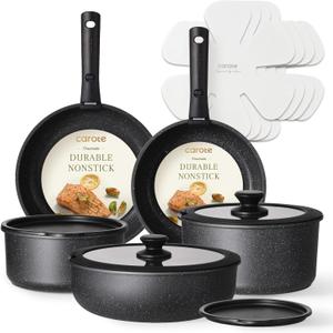 CAROTE 15pcs Pots and Pans Set Non Stick, Cookware Sets, Kitchen Set, Oven/Dishwasher/Fridge Safe, Space Saving Pots Set, Nonstick Set with Versatile Detachable Handle, Induction RV Set (Midnight Black)