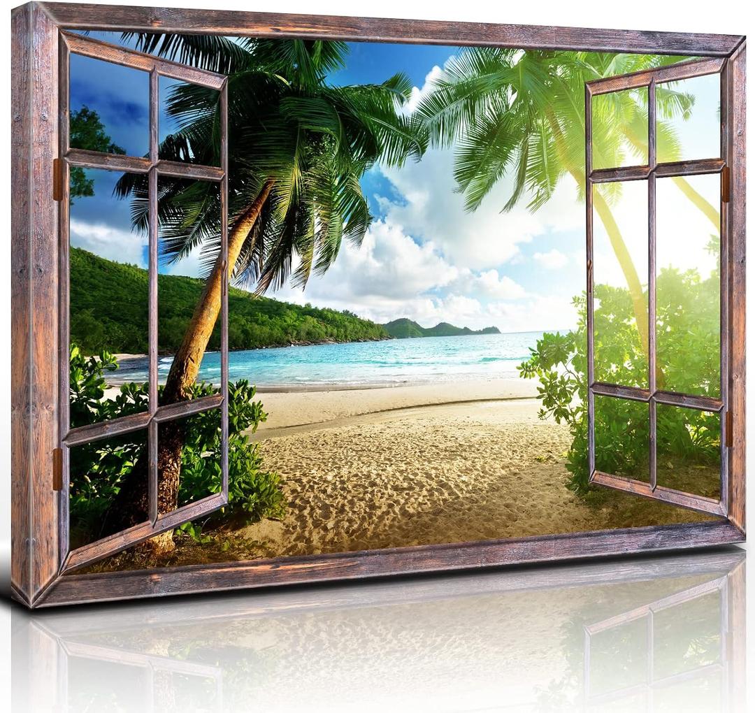 Window Beach Wall Art Sunset Ocean Landscape Wall Decor Tropical Palm Tree Picture Nature Coastal Scenery Canvas Photo Prints Seascape Painting Artwork for Living Room Bathroom Home Decorations 24x36"