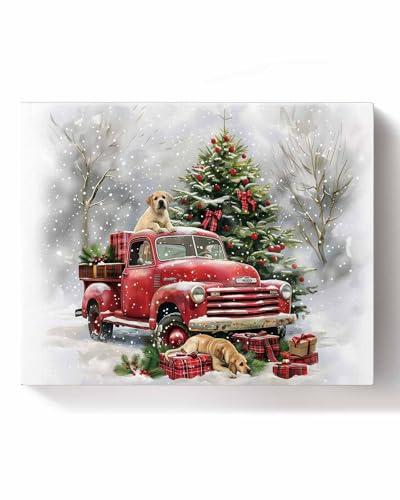 Christmas Paint by Number DIY Oil Painting on Canvas Christmas Red Truck Gift Xmas Tree Dog Pattern Paint by Numbers Kit for Adults and Kids Beginner (with Wooden Frame) 16" x 20",