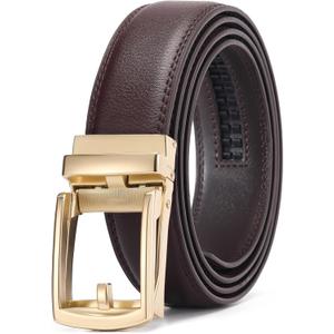 GAEKEAO Ratchet Belt for Men Genuine Leather 1 3/8" - Micro-Adjust Buckle Trim to Fit Dress Belt Casual to Formal Gift Boxed (Basic Gold - Brown)