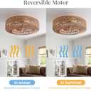 20" Boho Caged Fandelier with Lights Flush Mount Rattan Ceiling Fan with Lights and Remote Control, Enclosed 6 Speeds Low Profile Fan Light for Bedroom, Living Room, Kitchen