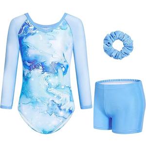 Gogokids Gymnastics Leotards for Girls Sparkly Marble Mesh 3/4 Sleeve Ballet Dance Unitards Biketards with Shorts for 7-8Y