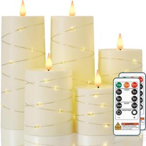 Raycare Flameless Candles with Remote Timer, Flickering Battery Operated LED Pillar Fake Candle with String Lights for Home Decor, Christmas, Wedding and Gift, Ivory, Set of 5