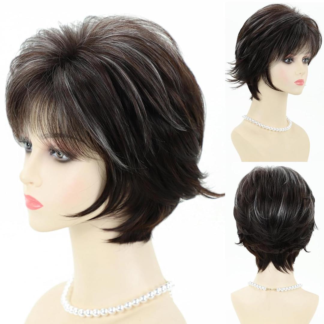 SEVENCOLORS Short Wigs for Women Dark Brown Pixie Wigs with Grey Highlights Straight Layered Synthetic Hair Wigs with Bangs