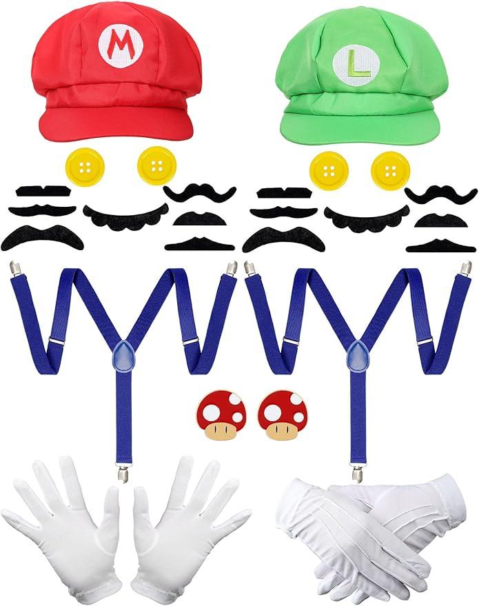 Super Bros Hats Costume Accessories Adult Halloween Cosplay with Mustaches, Suspenders, Gloves Buttons and Brooch