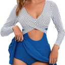 NESY Long Sleeve Swimsuits for Women Rash Guard V Neck One Piece Bathing Suit Swim Dress Woman Swimwear Swimdress UPF 50+ (Large, 2-striped Blue)