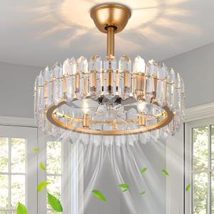 CLAIRDAI Crystal Caged Ceiling Fan with Light, 20.7'' Gold Fandelier, 6 x E12 Bulbs Required, Remote Control, 6-Speed Reversible DC Motor, Flush Mount for Bedroom Living Room Dining Room, 20.7IN