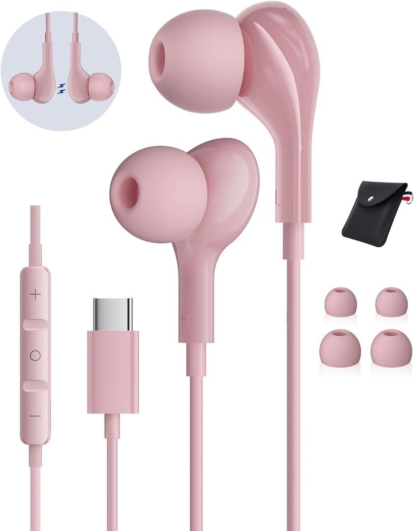 USB C Headphones for iPhone17 16 Pro Max 15 Plus iPad Pro Samsung Galaxy S24 S23 Ultra S25 S22 S21 Wired Earbuds Magnetic in-Ear Type C Earphone with Microphone Volume Control HiFi Stereo Pink
