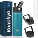 Konokyo 18 oz Insulated Water Bottle Stainless Steel Sport Bottles with 3 Lids,Light Blue
