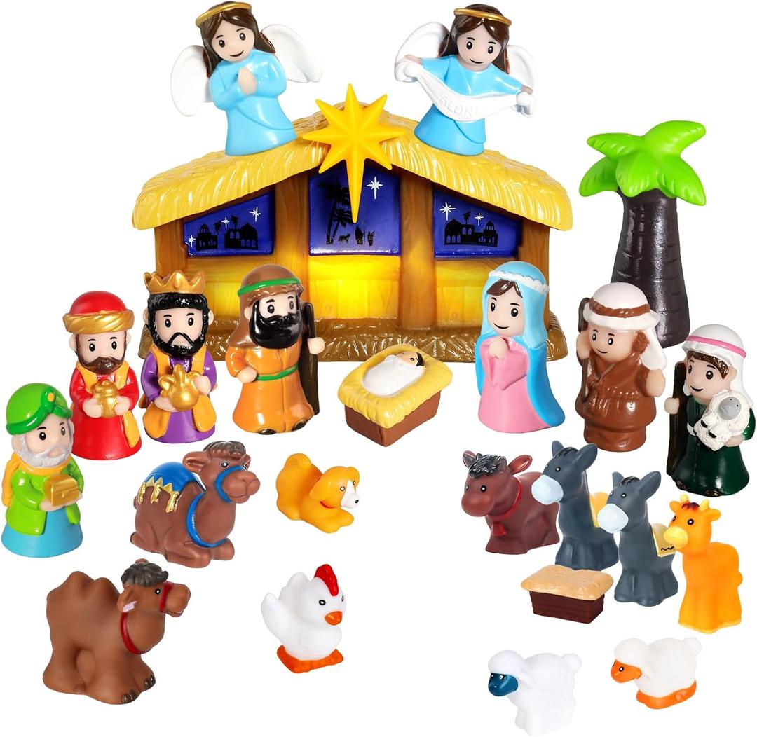 Nativity Set with Lights, 25 PCS Kids Nativity Playset Small Nativity Sets & Figures for Pretend Play, Unbreakable Christmas Manger Scene for Kids, Children, Toddler, Xmas Decoration