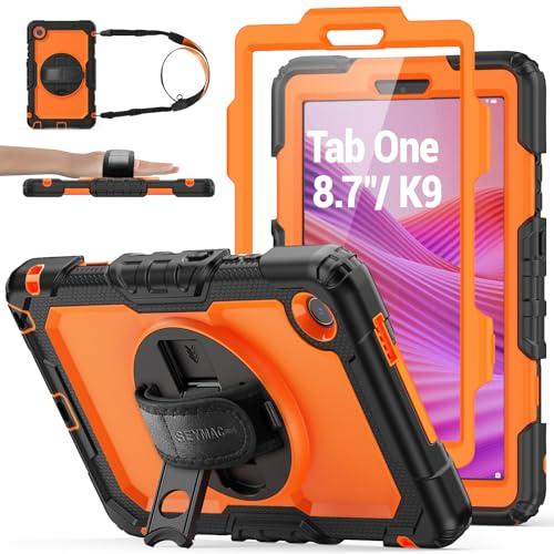 SEYMAC stock Tablet Case for Lenovo Tab One / K9 (TB305FU) 8.7 inch Drop-Proof Protection Cover with 360° Rotate Stand & Strap [Pen Holder] & Screen Protector 2025, Orange+Black