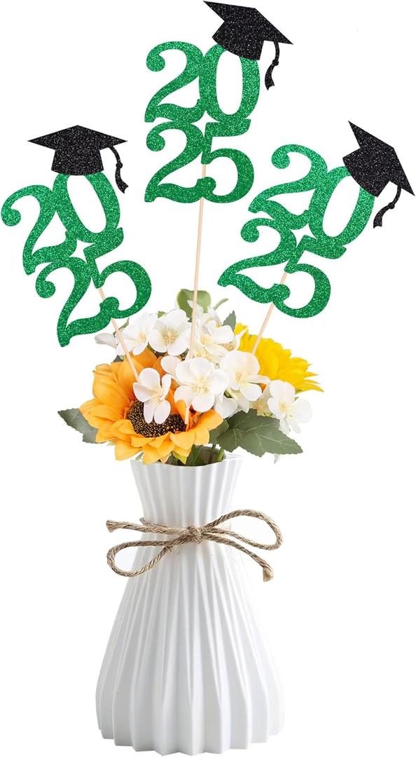 Class of 2025 Graduation Decoration Centerpieces for Table, 2025 Party Centerpieces Grad Cap Sticks Party Supplies, Graduation Party Decoration Toppeers (10 PCS, Green & Black)