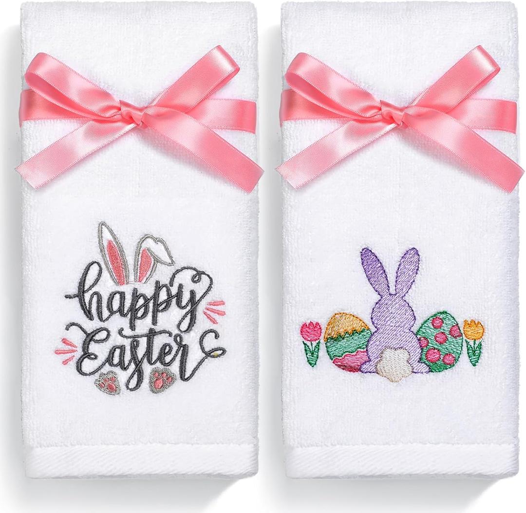 Easter Hand Towels 100% Cotton Embroidered Happy Easter Bunny Decorative Bathroom Kitchen Dish Towels Set Gift Set of 2 14x29 inch (Est.gnome)