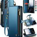 Defencase Compatible with Samsung Galaxy S22 5G Case Wallet with RFID Blocking Card Holder for Women Men, PU Leather Magnetic Snap Flip Zipper Strap Wallet Phone Case Fit for Galaxy S22 5G 6.1", Blue (Elegant Dark Blue)