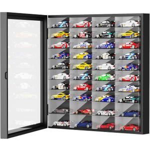 NiHome 1:64 Model Car Display Case for 40 Cars, Magnetic Flip Cover with Clear PVC Dustproof Boxes, Wall Mount or Desktop Shelf, Black Pine Wood Collector Storage for Hot Wheels (Cars Not Included)
