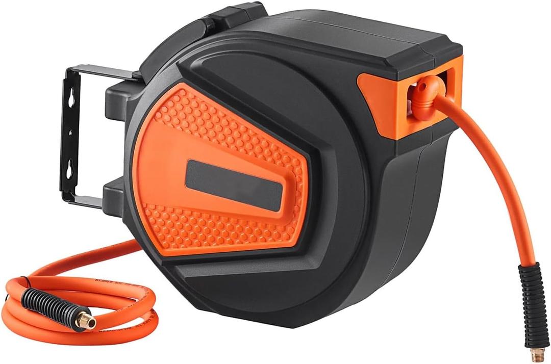 Retractable Air Hose Reel, 3/8 IN x 50 FT Hybrid Air Hose Max 300PSI, Air Compressor Hose Reel with 5 ft Lead in, Ceiling/Wall Mount Enclosed Air Reel, 180 Swivel Mount