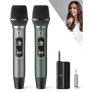 Wireless Microphones, Professional UHF Dual Microphones for Karaoke, Wireless Dynamic Microphone System Set with Rechargeable Receiver,Plug and Play, Speech, Wedding, Church, PA System (Green)