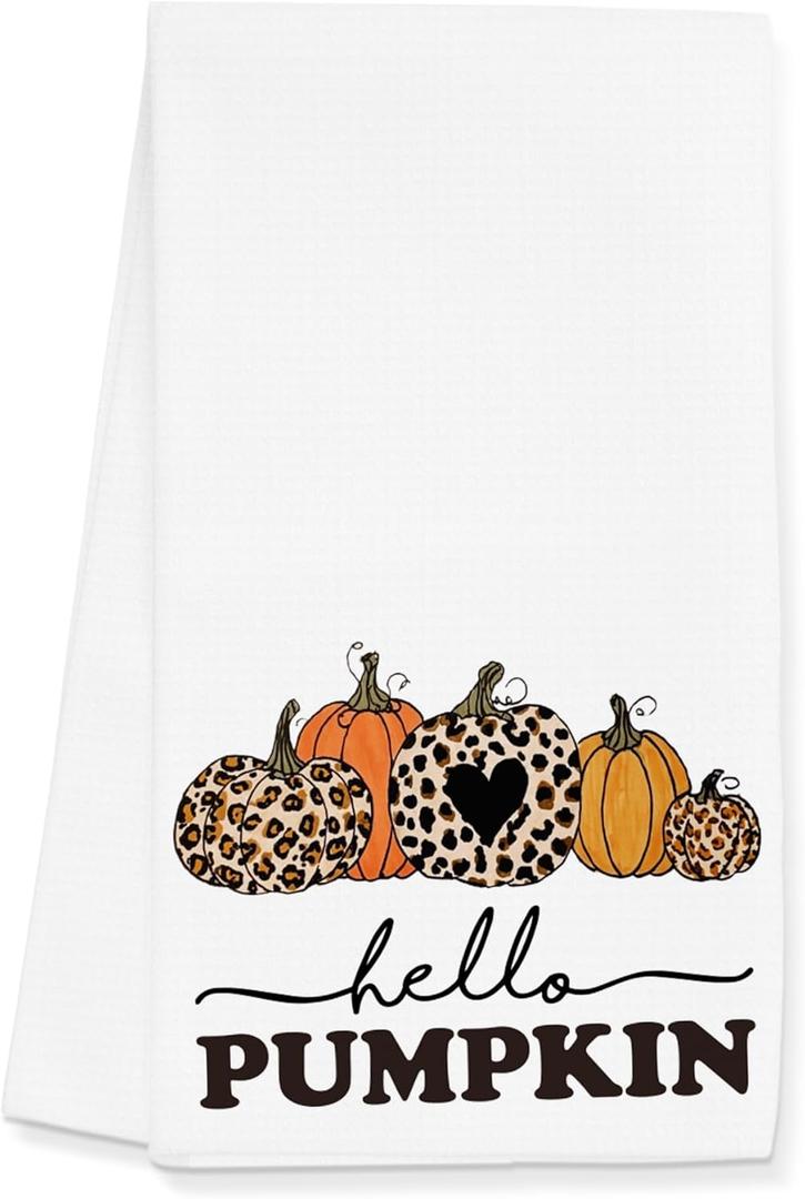 2 x Hello Pumpkin Fall Kitchen Towels Gifts for Women Men, Farmhouse Pumpkin Decor Dish Towels, Autumn Hand Towels Decoration for Bathroom, (16x24 inches)