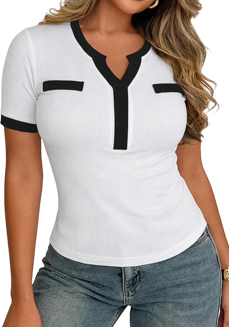 Remidoo Women's Color Block Ribbed Knit Top Notch V Neck Short Sleeve T Shirt (White, L)