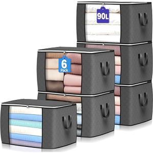 90L Large Storage Bargs 6Pack Clothes Storage Bins Foldable Closet Organizers Storage Containers with Reinforced Handle ( Bed Sheets) Grey