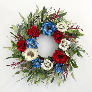 24 Inch Patriotic Wreaths for Front Door, 4th of July Wreaths for Front Door, Peony Eucalyptus Patriotic Summer Flag Wreath Handcrafted Memorial Day Artificial Flowers Wreath for Indoor and Outdoor (Red, White, Blue)