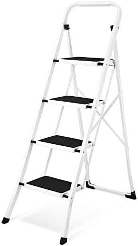 Soctone Step Ladder 4 Step Folding with Anti-Slip Pedal, Lightweight 4 Step Ladder with Handrails, 330 lbs Capacity Perfect for Kitchen & Household, White