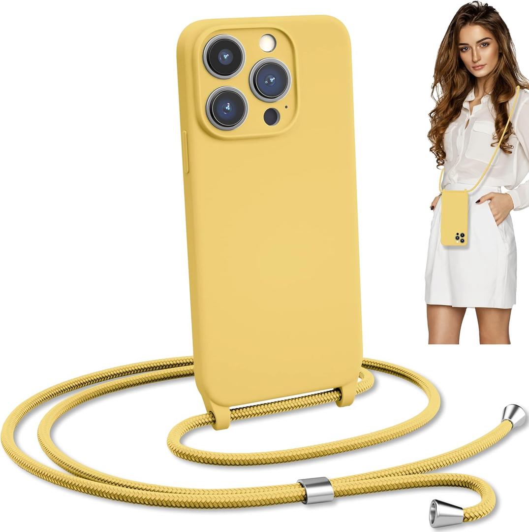 Blaspins Crossbody Lanyard Strap Case for iPhone 16, Hands-Free Neck Cross Body Wrist, Adjustable Rope Removable, Drop Protection Shockproof Silicone Case 6.1 inch, 160 cm Strap, iP16 -Yellow
