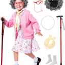 Kids Old Lady Costume Set, 100 Days of School Dress Up Kit with Granny Wig for Girls, Grandma Themed Outfit6-8years