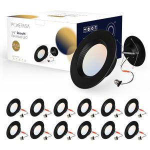 12 Pack 5/6 Inch Black LED Can Lights Retrofit Recessed Lighting, 5CCT 6 Inch Recessed Lights Selectable 2700K-6000K Dimmable, 12W=75W, 1200LM Downlight with Metal Smooth Trim-ETL and Energy Star