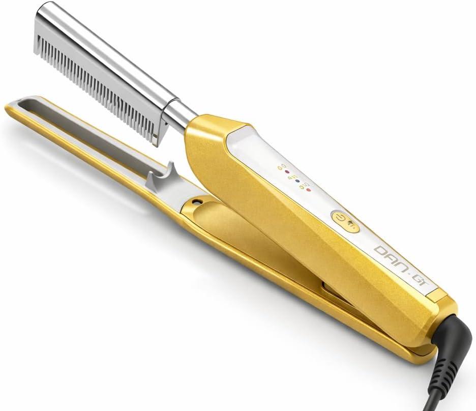 V-Shaped Titanium Hot Comb for Wigs & Natural Black Hair, Dual Voltage 100240V Pressing Comb with 3 Heat Settings (356428F), PTC Fast Heat, Auto-Off, Storage Pouch 1.0