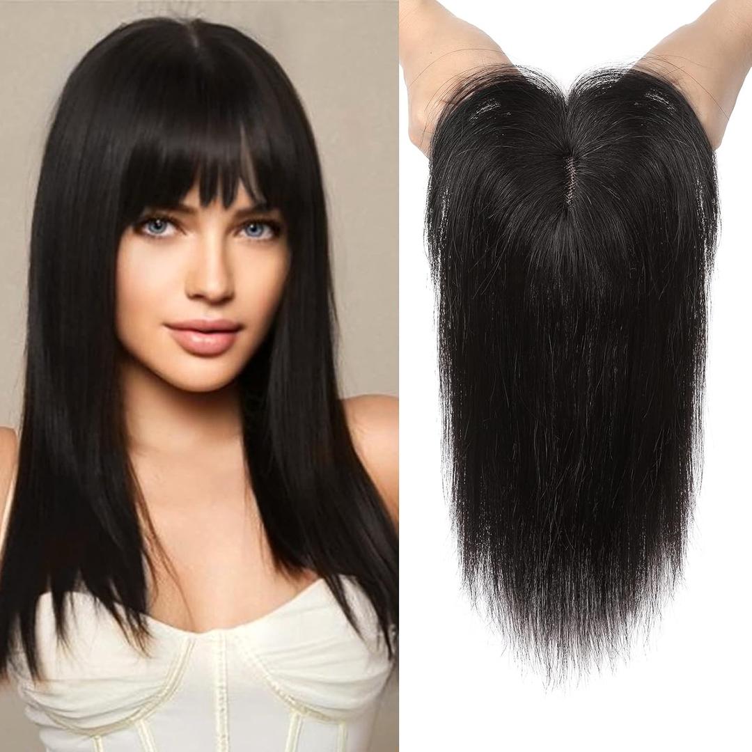 REECHO Hair Toppers for Women Real Human Hair, Hair Toppers with Bangs, Topper Hair Pieces for Women with Thinning Hair, Clip In Hair Topper Top Hair Extensions 10 Inch - Natural Black, 1.0 Count (Dark Brown)