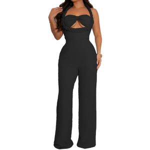 Qikaka Women's Sleeveless Halter Hemp Rope Bodycon Wide Leg Sexy Nightclub Party Jumpsuit Rompers Size L