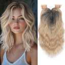 TYQ Hair Toppers for Women with Thinning Hair,14 Inch 360 3D Synthetic Curly Wavy Side Part Clip in Bangs(Ombre Dark Root to Blonde #R4/22/60)